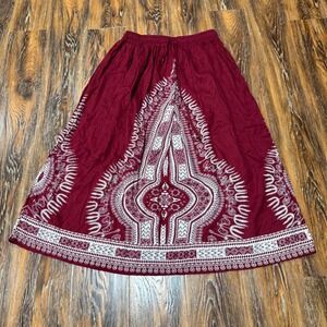 Gypsy Blu Burgundy Dashiki Print Boho Maxi Skirt Elastic Waist Wood Beads S M L